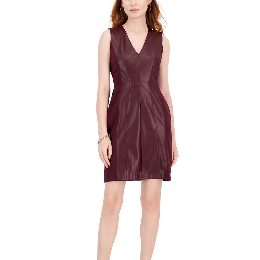 I.N.C. International Concepts V-Neck Faux-Leather Midi Dress Rhodolite Garnet